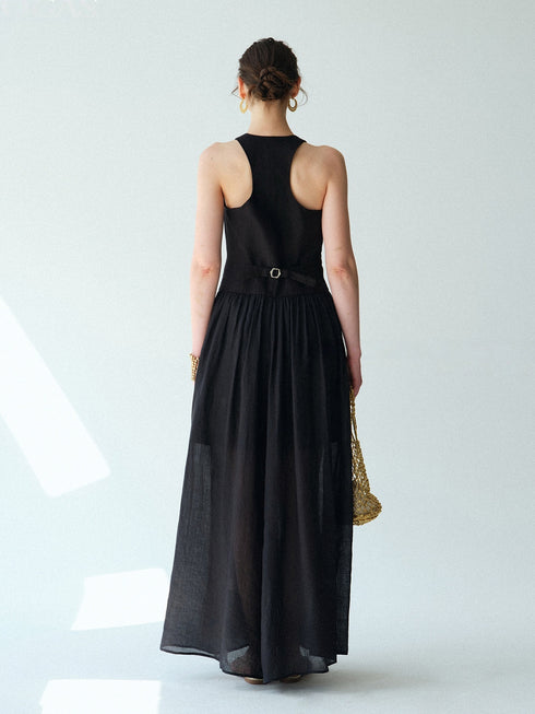 Pure Linen Slub-Texture Halter Waistcoat Maxi Dress – Old Money Summer Statement Dress