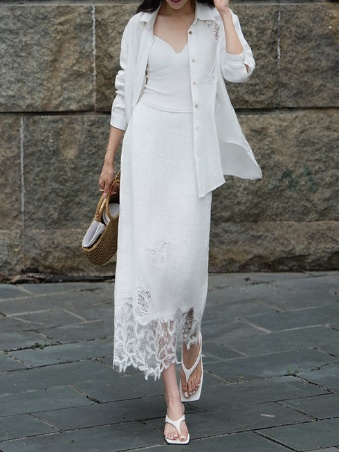 French Vintage Linen Embroidered Shirt & Lace Maxi Skirt Set – Luxury Butterfly Cutwork Summer Ensemble