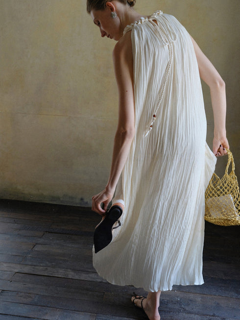 Lustre Island-Silk Pleated Halter Maxi Dress – Hand‑Braided Neckline A‑Line Sleeveless Dress