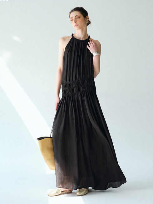 Pearlescent Acetate Braided Halter Maxi Dress – Hand-Smoked Sleeveless Resort Gown