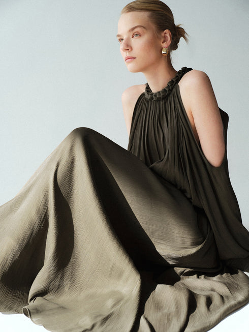 Luminous Muse Glossy Island Silk Halter Neck Cutout-Shoulder Pleated Maxi Dress
