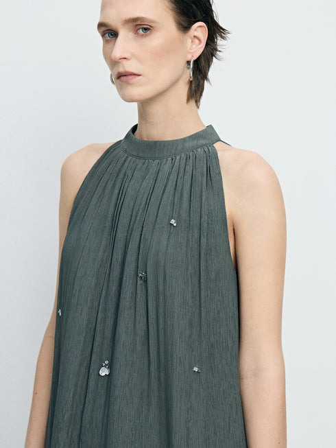 Hand-Beaded Draped Cupro Halterneck Top & Airy Wide-Leg Pants Set