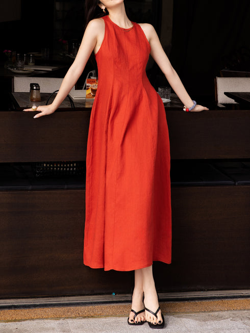 French Waist‑Defined Linen Midi Dress – Sleeveless A‑Line Summer Dress for Petite Women