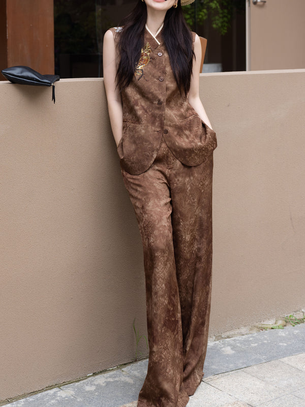 Vintage Jacquard Silk-Blend Beaded Vest & Wide-Leg Pants Set – Elegant Tailored Two‑Piece Suit