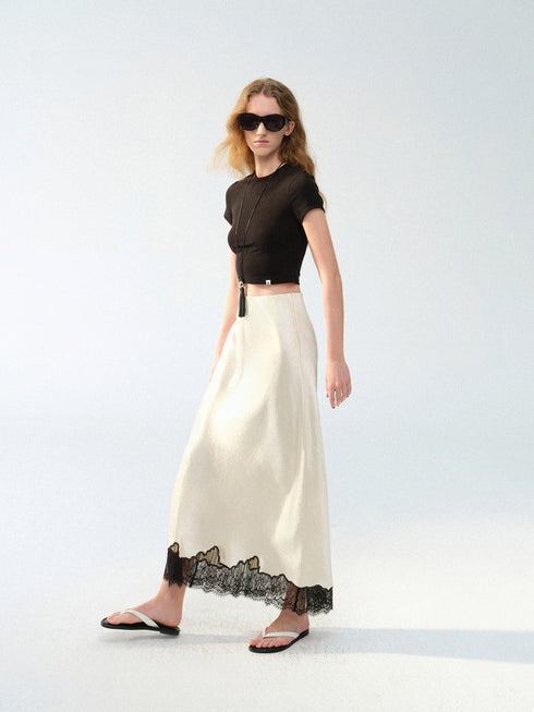 Acetate Satin Bias-Cut Lace Hem Midi Skirt – Luxury Fluid Draped Slip Skirt