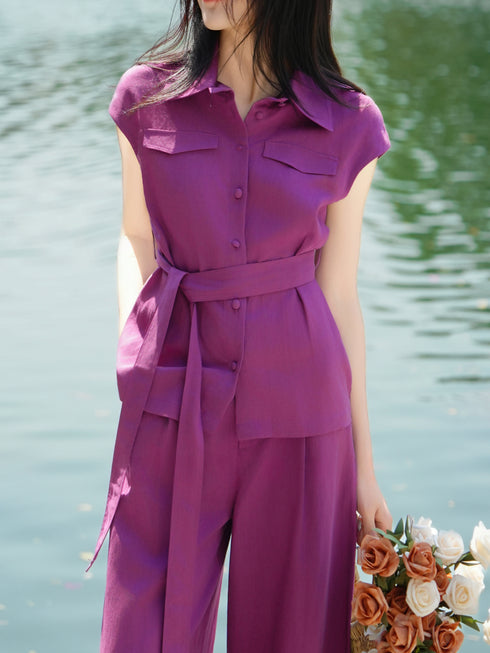Tencel Linen Belted Vest & Wide-Leg Pants Set – Tailored Sleeveless Shirt and Relaxed Summer Suit