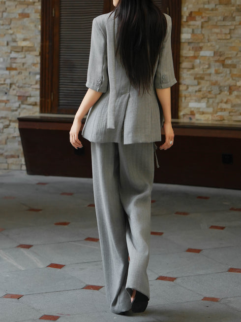 Summer Old Money Lace-Layered Blazer & Wide-Leg Pants Set – Elegant 4‑Piece Linen Lyocell Suit