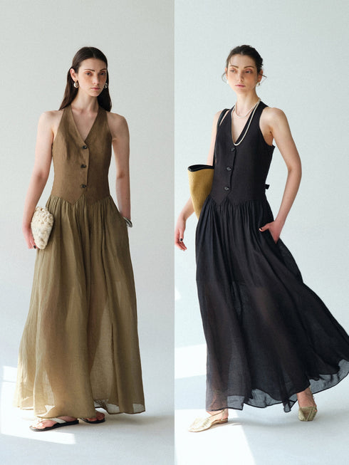 Pure Linen Slub-Texture Halter Waistcoat Maxi Dress – Old Money Summer Statement Dress