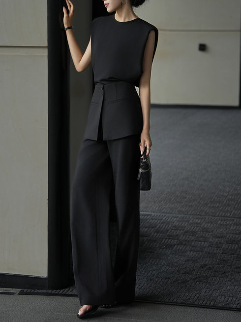 French Minimalist Sleeveless Top & Detachable Overskirt Wide-Leg Pants Set – Elegant Tailored Summer Two‑Piece