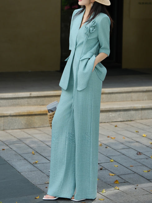 Textured Linen‑Tencel Floral Blazer & Wide‑Leg Pants Suit – Quiet Luxury Tailored Two‑Piece Set