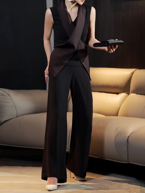 Luxury Acetate Cross‑Front Vest & Wide‑Leg Pants Set – Draped Collar Tailored Two‑Piece Suit