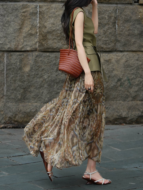 Vintage Waist-Tie Vest & Paisley Print Maxi Skirt Set – Elegant Spring Summer Two-Piece Outfit
