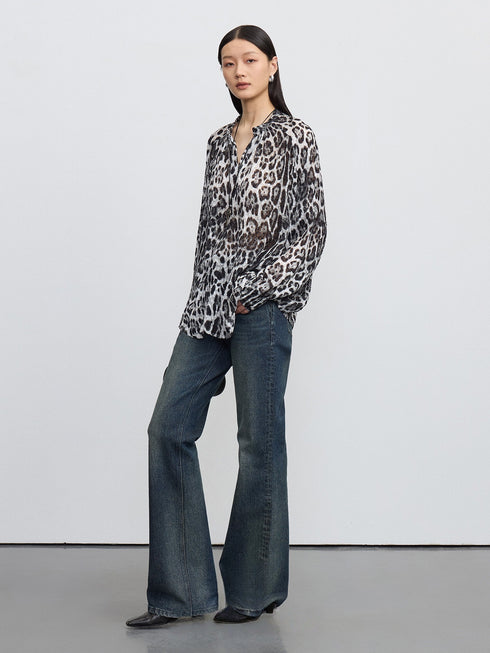 Ultra-Fine 13mm Mulberry Silk Burnout Leopard Blouse in Monochrome