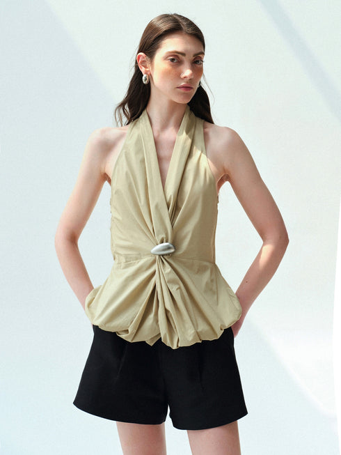 Cotton-Blend Halter Blouse with Sculptural Brooch – Irregular Knotted Waist Bubble-Hem Sleeveless Top
