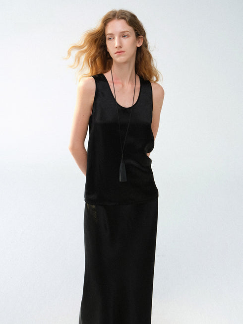 Acetate Satin U-Neck Tank & Lace-Trim Bias-Cut Maxi Skirt Set – Minimalist Luxury Slip Ensemble