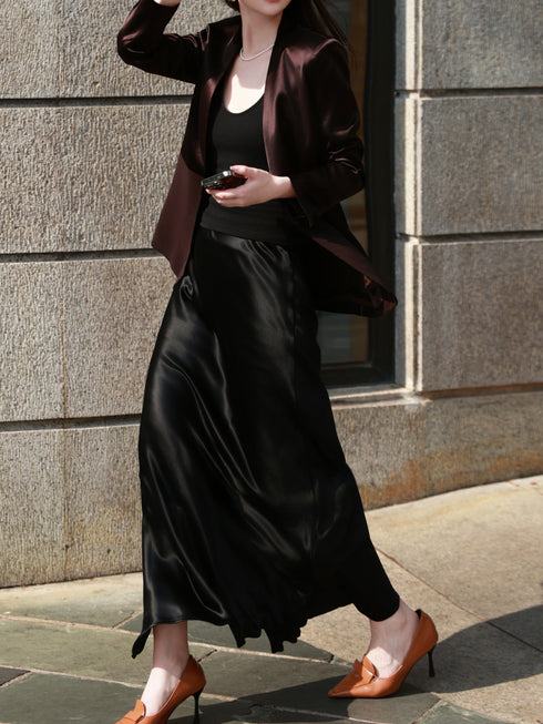 Acetate Tailored Blazer & Satin Maxi Skirt Set – Elegant Waist-Cinched Office Suit