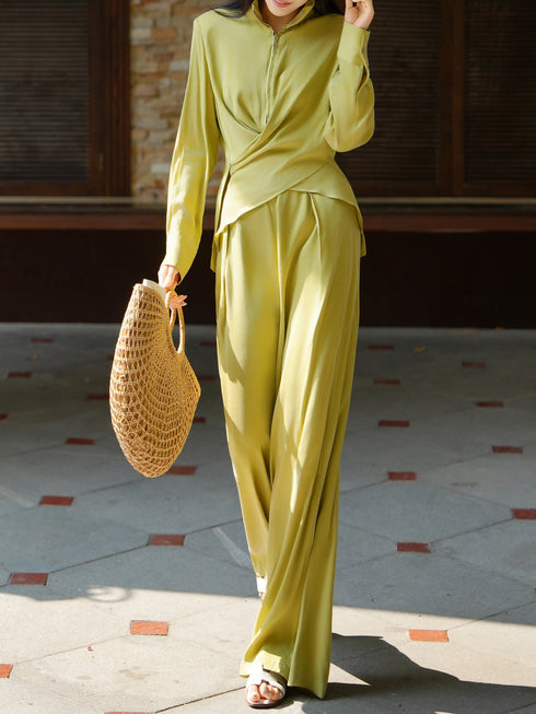 Cupro Draped Wrap-Collar Top & Wide-Leg Pants Set – Effortless Luxury Two‑Piece Ensemble