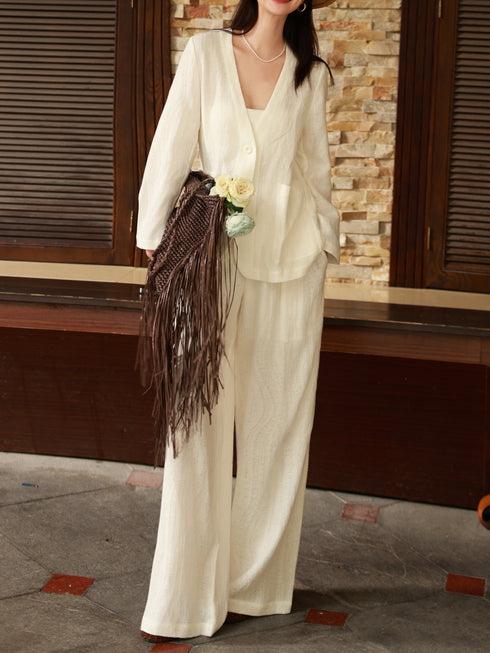 100% Linen Relaxed V-Neck Blazer & Wide-Leg Pants Set – Effortless Resort Tailored Ensemble