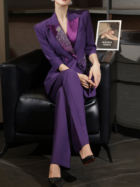 Luxury Crystal-Embellished Tailored Blazer & Flared Pants Suit – High-End Women's Power Set