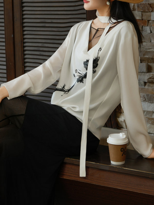 Luxury White Silk Ink-Wash Print Blouse – 100% Silk Tie-Neck Designer Top