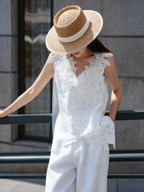 French Lace V-Neck Asymmetric Crochet Top – Elegant Sleeveless Summer Blouse
