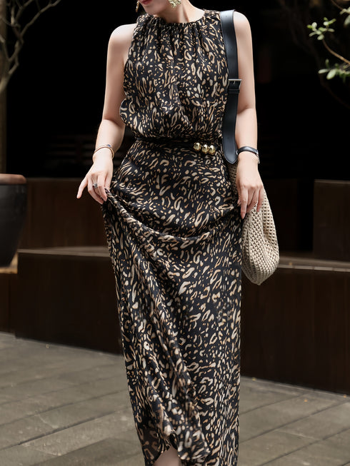 French Elegant Leopard Print Maxi Dress – Sleeveless Cinched Waist Flowing Summer Dress