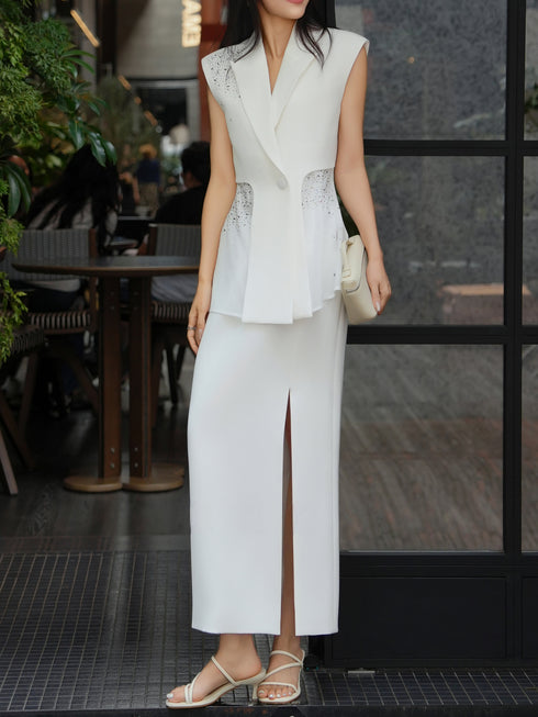 Crystal-Embellished Tailored Vest & Slit Midi Skirt Set – Elegant Waist-Cinched Two‑Piece Suit