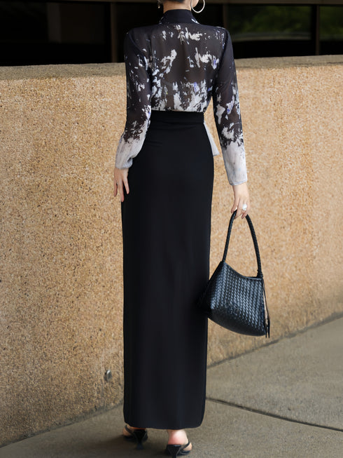 Black & White Abstract Print Wrap Tie Maxi Dress – Elegant Long Sleeve Office & Occasion Dress