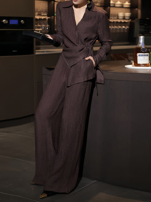 Textured Wrap Shirt & Wide-Leg Pants Set – Luxury Pleated Spring Two‑Piece Outfit