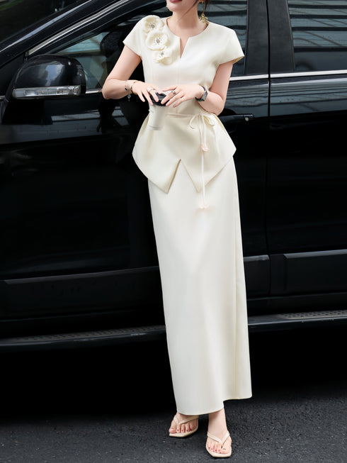 Luxury 3D Floral Waist-Cinched Jacket & Column Skirt Set – Elegant Structured Two‑Piece Dress Suit