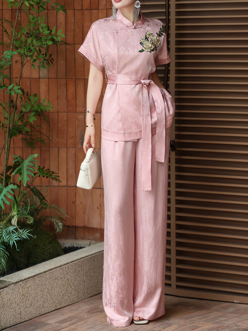 Embroidered Jacquard Silk‑Touch Cheongsam Top & Wide‑Leg Pants Set – Belted Waist Two‑Piece Suit