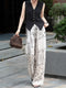 Tailored V-Neck Vest & Paisley Print Wide-Leg Pants Set – Elegant Summer Workwear Two‑Piece