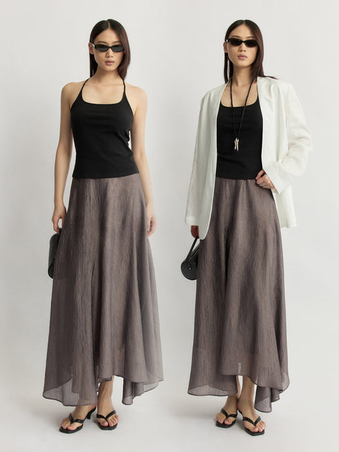 Crinkled Acetate Asymmetric Maxi Skirt – Fluid Draped High-Waist Statement Skirt