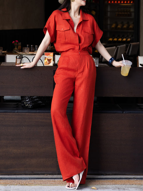 100% Linen Utility Shirt & Wide-Leg Pants Set – Minimalist Summer Tailored Two-Piece
