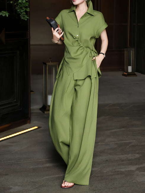 100% Linen Twisted-Drape Shirt & Wide-Leg Pants Set – Elegant Summer Formal Two-Piece Outfit