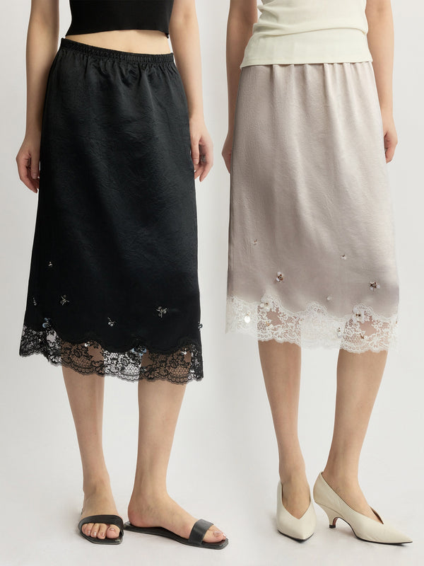 Cool-Touch Crinkled Acetate Beaded Lace Straight Midi Skirt