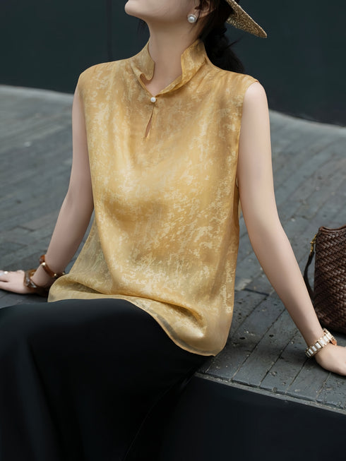 Silk-Texture Jacquard Mandarin Collar Sleeveless Blouse – Lightweight Double-Layer Summer Top