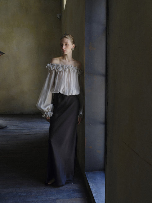 Petal Ruffle Off-Shoulder Cupro Blend Blouse – Sheer Romantic Balloon Sleeve Top