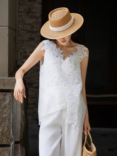 French Lace V-Neck Asymmetric Crochet Top – Elegant Sleeveless Summer Blouse