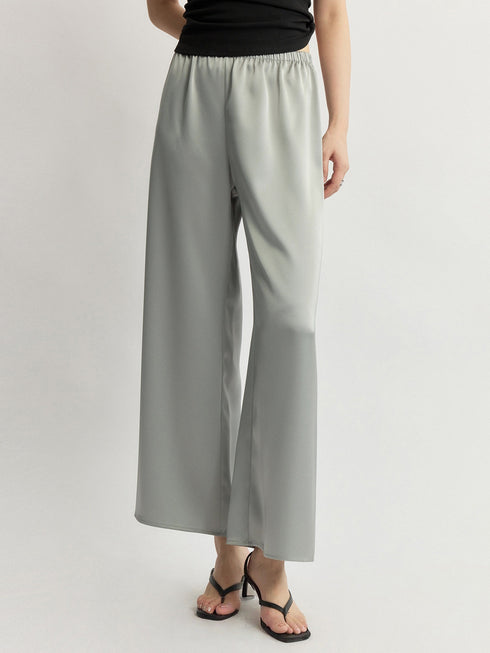 Japanese Triacetate Luminous Double-Satin Wide-Leg Pants - Elastic Waist Airy Draped Trousers