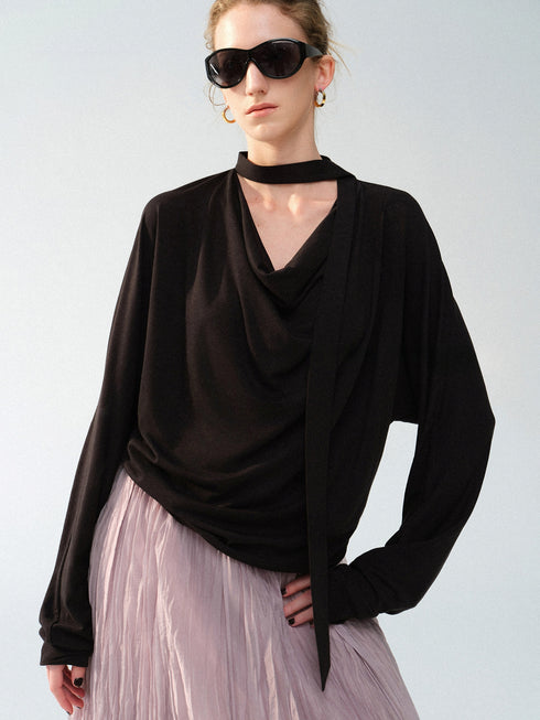 Lyocell Acetate Linen Draped Cowl-Neck Tie Blouse – Relaxed Minimalist Long Sleeve Top