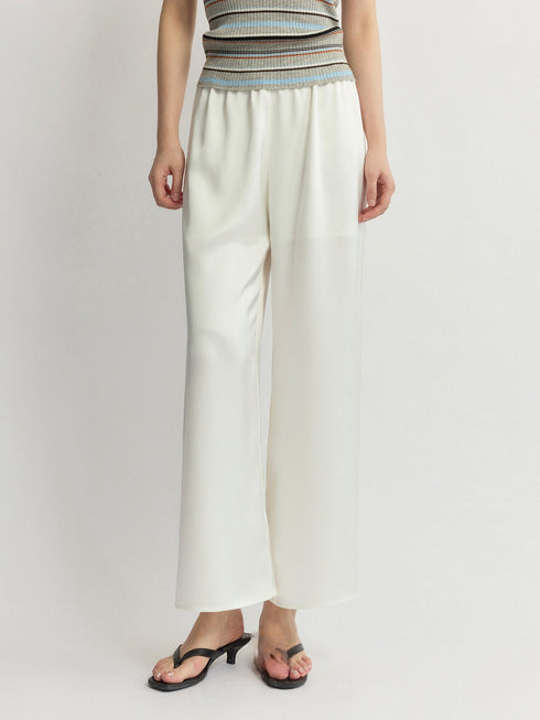 Japanese Triacetate Luminous Double-Satin Wide-Leg Pants - Elastic Waist Airy Draped Trousers