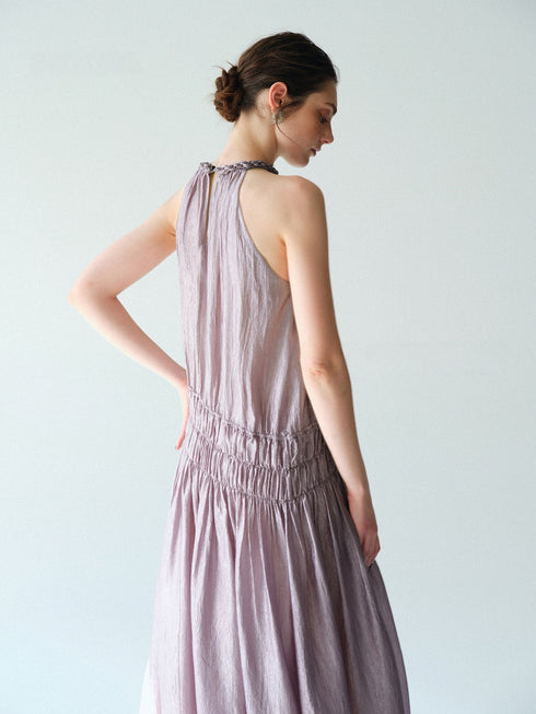 Pearlescent Acetate Braided Halter Maxi Dress – Hand-Smoked Sleeveless Resort Gown