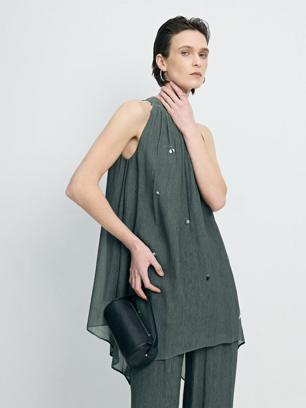 Hand-Beaded Draped Cupro Halterneck Top & Airy Wide-Leg Pants Set