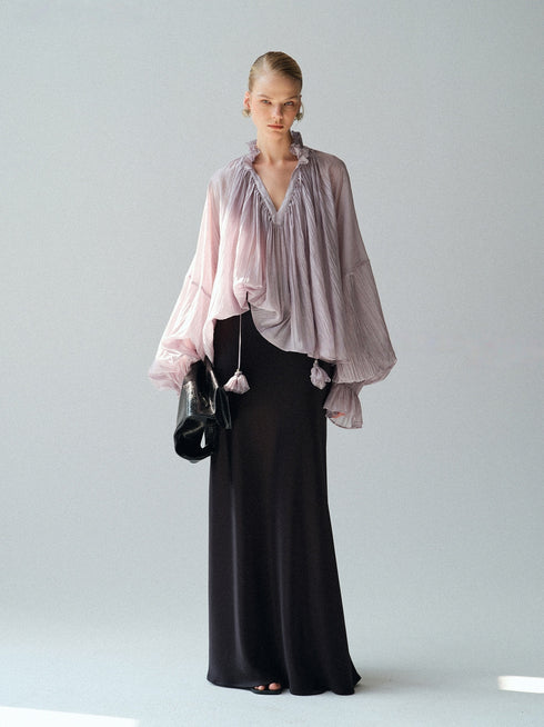 Lyocell‑Blend Pleated V‑Neck Ruffle Blouse – Sheer Lantern Sleeve Statement Top