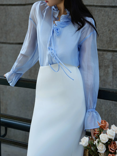 French Ruffle V-Neck Sheer Blouse – Elegant Lightweight Long Sleeve Summer Sun‑Protection Top