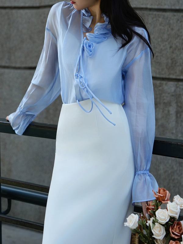 French Ruffle V-Neck Sheer Blouse – Elegant Lightweight Long Sleeve Summer Sun‑Protection Top