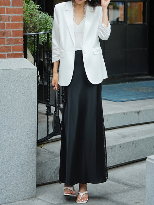 Luxury Acetate Lace-Panel Blazer & High-Waist Fishtail Skirt Set – Elegant Tailored Two-Piece Suit
