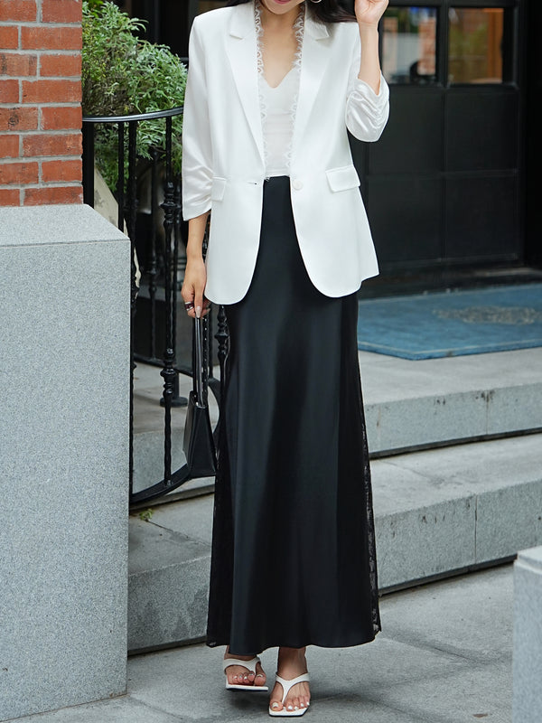 Luxury Acetate Lace-Panel Blazer & High-Waist Fishtail Skirt Set – Elegant Tailored Two-Piece Suit