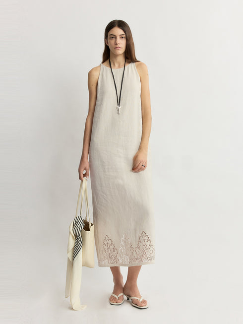 French-Imported Dew-Ramie Cutwork Embroidered Linen Midi Dress